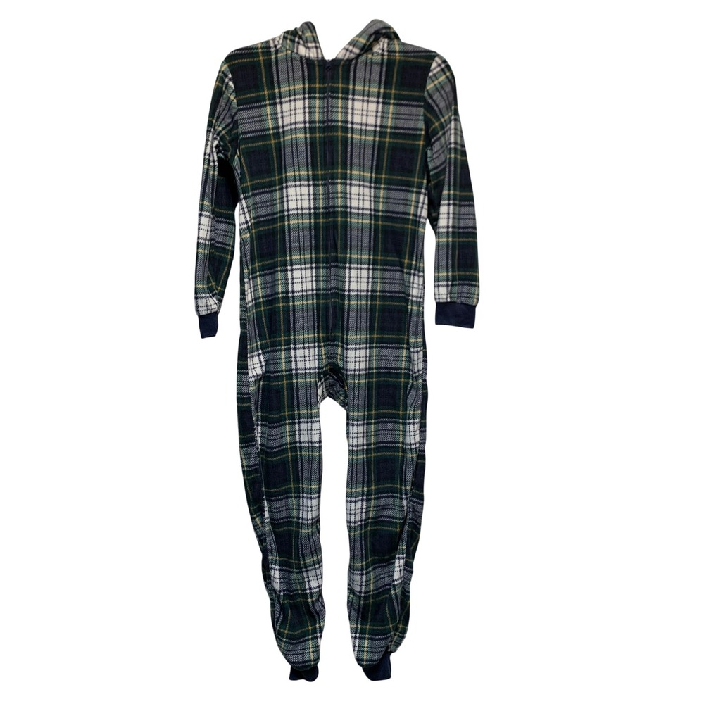 PJ Place Pajama Sleeper L 10/12 Green Plaid Christmas Reindeer Hooded Fleece
